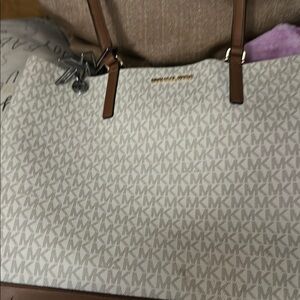 Michael Kors White and Brown Monogram Tote
